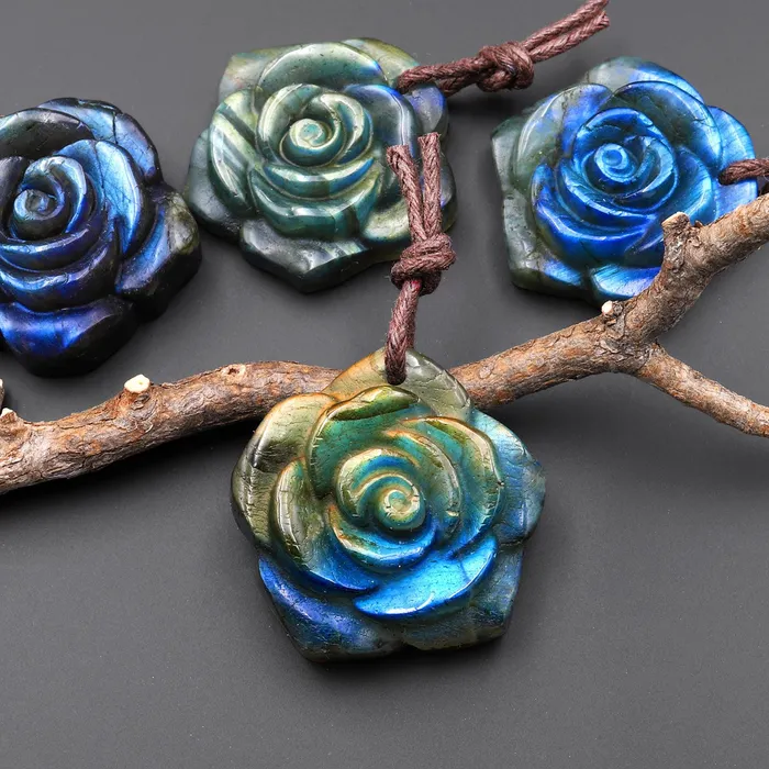 Necklaces Intrinsic Trading AAA Hand Carved Natural Labradorite Rose Flower Pendant 30mm Gemstone Focal Bead A5