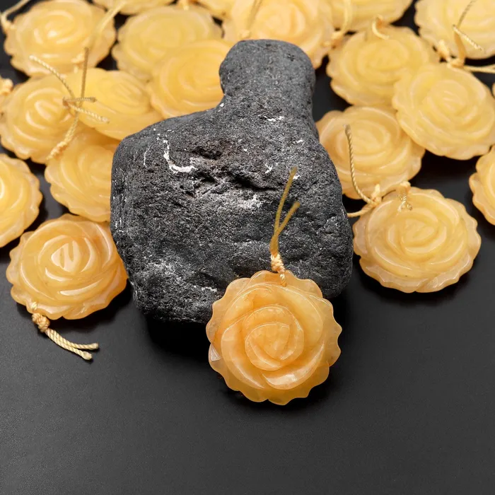 Necklaces Intrinsic Trading AAA Hand Carved Natural Yellow Jade Rose Flower Pendant Gemstone Focal Bead