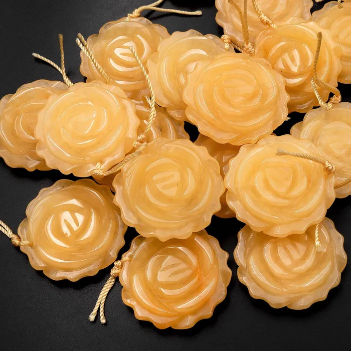 Necklaces Intrinsic Trading AAA Hand Carved Natural Yellow Jade Rose Flower Pendant Gemstone Focal Bead