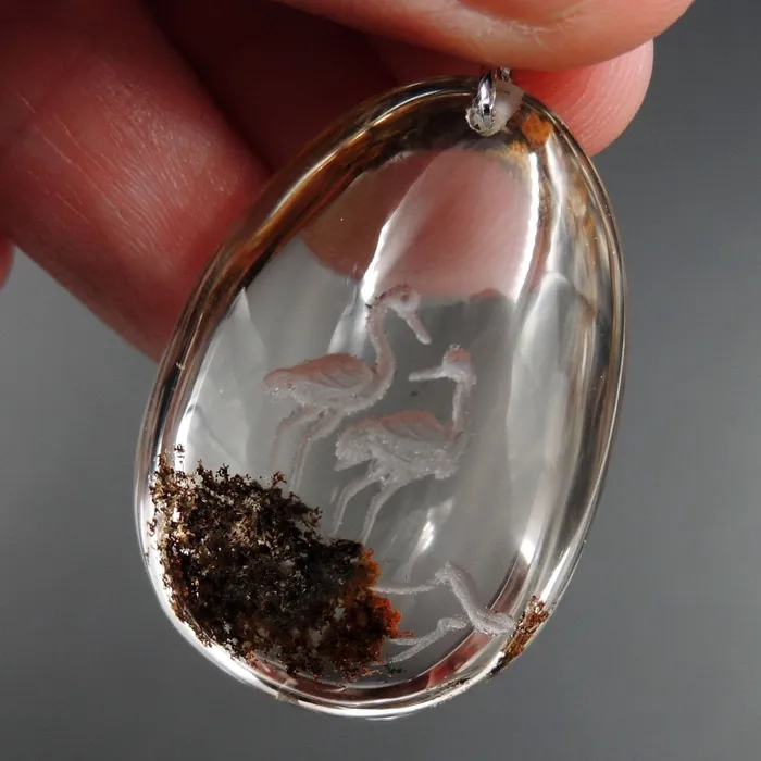 Necklaces Intrinsic Trading Carved Natural Lodolite Phantom Quartz Pendant Front Drilled Hand Carved Crane Rock Crystal Pendant One of a Kind Longevity Pendant P1867
