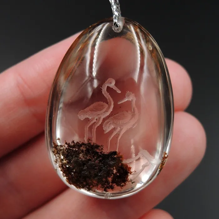 Necklaces Intrinsic Trading Carved Natural Lodolite Phantom Quartz Pendant Front Drilled Hand Carved Crane Rock Crystal Pendant One of a Kind Longevity Pendant P1867