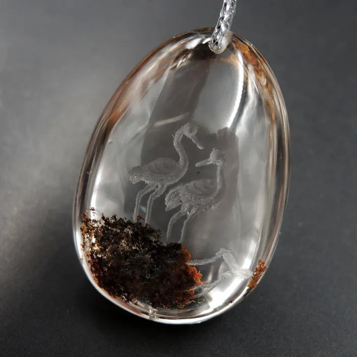 Necklaces Intrinsic Trading Carved Natural Lodolite Phantom Quartz Pendant Front Drilled Hand Carved Crane Rock Crystal Pendant One of a Kind Longevity Pendant P1867