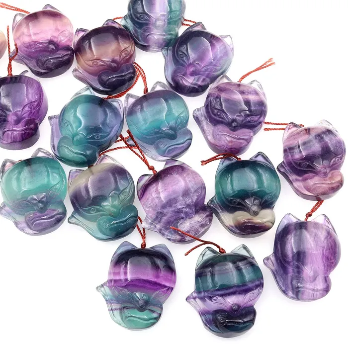 Necklaces Intrinsic Trading Hand Carved Natural Fluorite Fox Gemstone Pendant