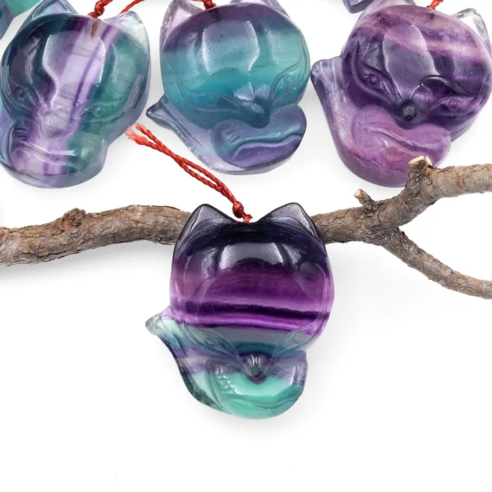 Necklaces Intrinsic Trading Hand Carved Natural Fluorite Fox Gemstone Pendant