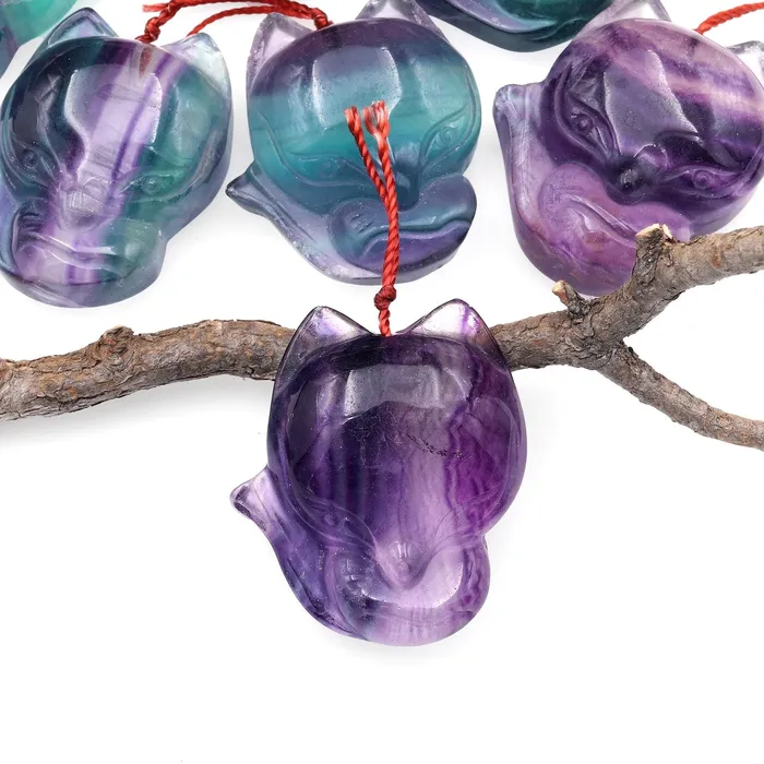 Necklaces Intrinsic Trading Hand Carved Natural Fluorite Fox Gemstone Pendant