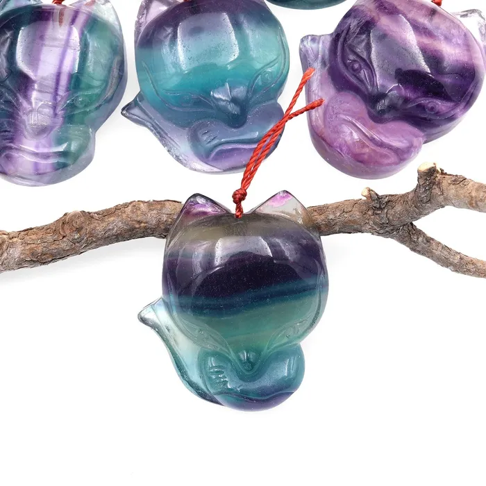 Necklaces Intrinsic Trading Hand Carved Natural Fluorite Fox Gemstone Pendant
