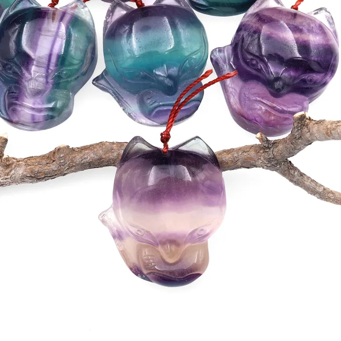 Necklaces Intrinsic Trading Hand Carved Natural Fluorite Fox Gemstone Pendant