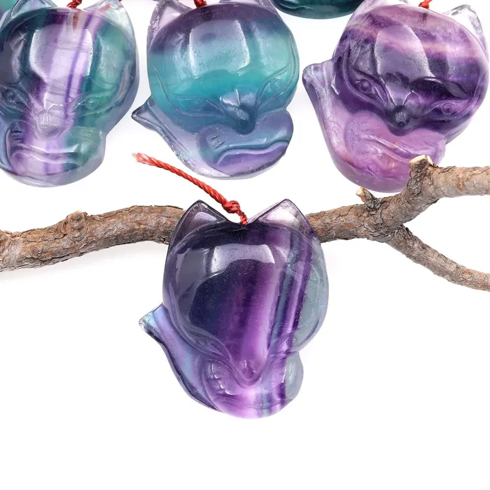 Necklaces Intrinsic Trading Hand Carved Natural Fluorite Fox Gemstone Pendant