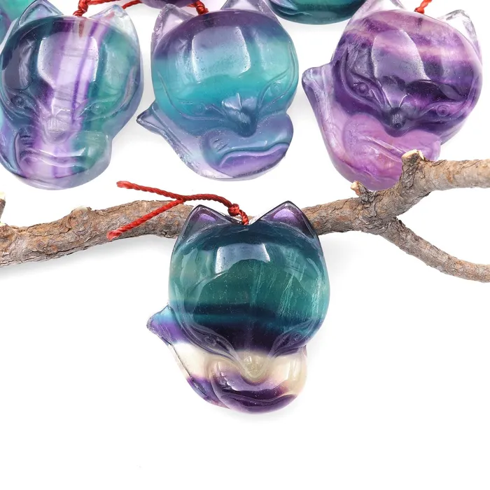Necklaces Intrinsic Trading Hand Carved Natural Fluorite Fox Gemstone Pendant