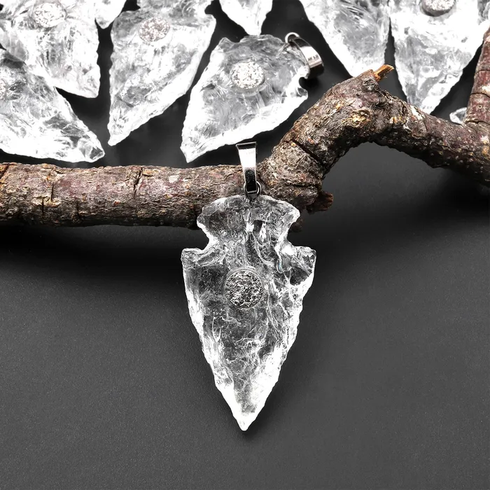 Necklaces Intrinsic Trading Natural Rough Raw Rock Crystal Quartz Pendants With Silver Druzy Center Hand Hammered Arrowhead Pendant