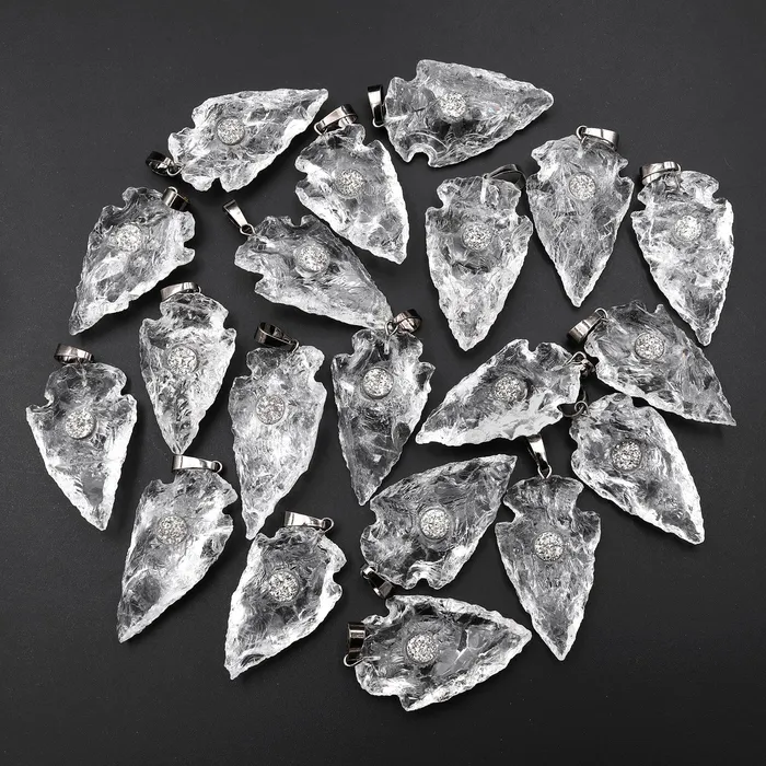 Necklaces Intrinsic Trading Natural Rough Raw Rock Crystal Quartz Pendants With Silver Druzy Center Hand Hammered Arrowhead Pendant