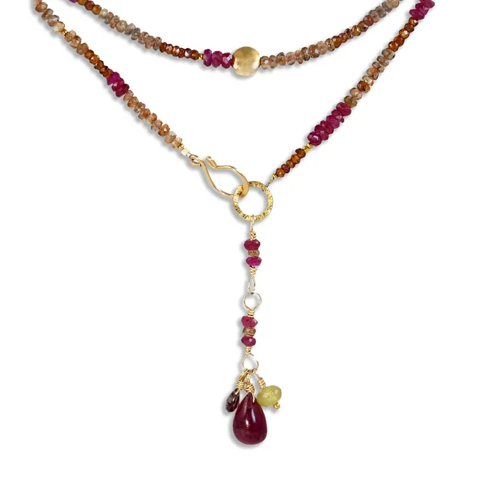 Necklaces Q Evon Multi Gemstone Gold NecklaceWrapped Bracelet with Andalusite and Ruby Long