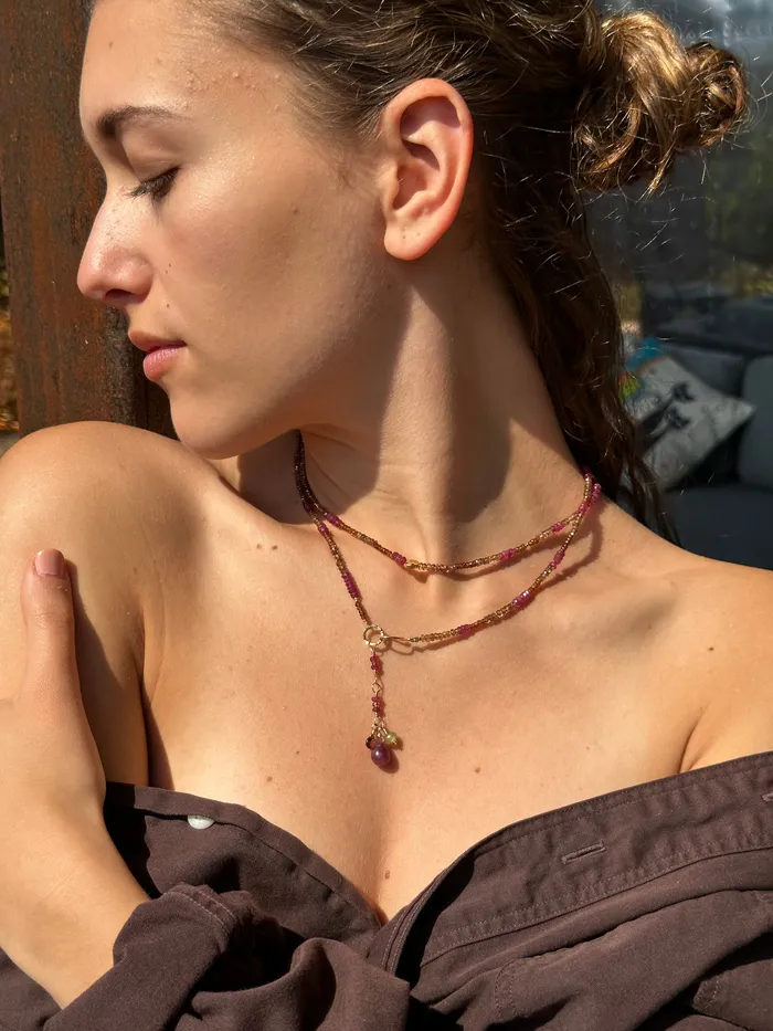 Necklaces Q Evon Multi Gemstone Gold NecklaceWrapped Bracelet with Andalusite and Ruby Long