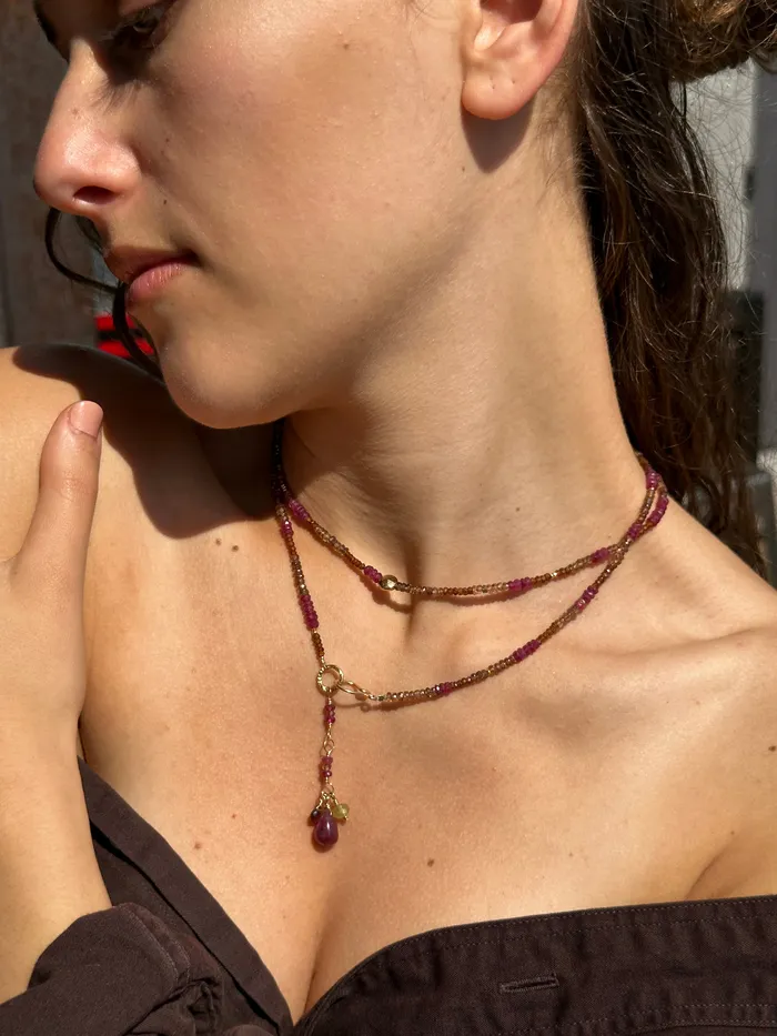 Necklaces Q Evon Multi Gemstone Gold NecklaceWrapped Bracelet with Andalusite and Ruby Long