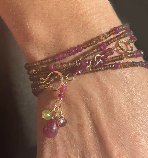 Necklaces Q Evon Multi Gemstone Gold NecklaceWrapped Bracelet with Andalusite and Ruby Long