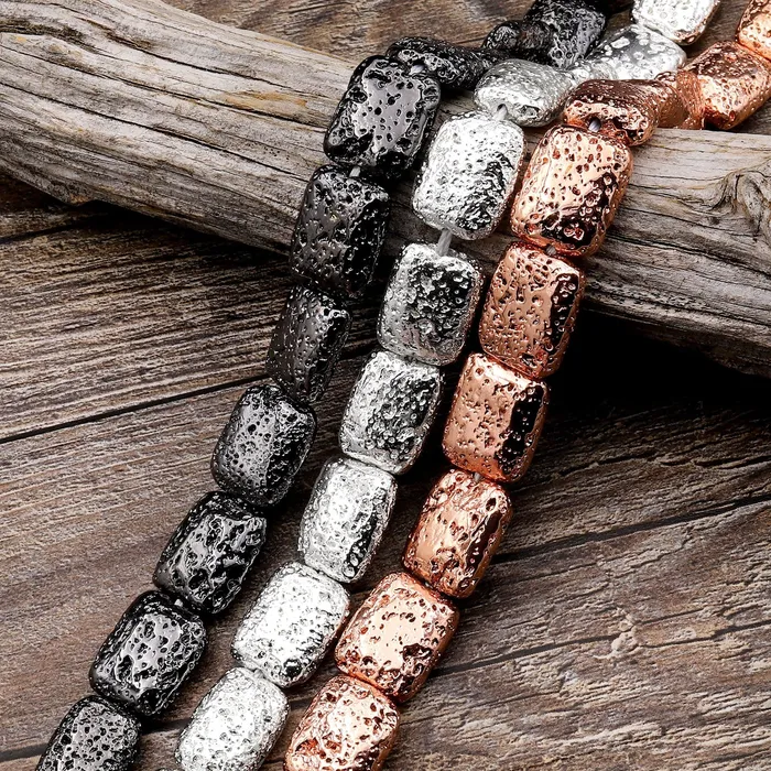 Necklaces Titanium Lava Rectangle Bead 12x16mm Natural Volcanic Rock Stone Metallic Silver Black Gunmetal Rose Gold Plated 155 Strand Intrinsic Trading