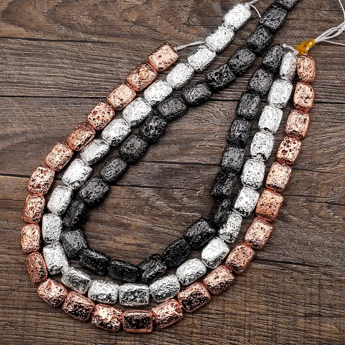 Necklaces Titanium Lava Rectangle Bead 12x16mm Natural Volcanic Rock Stone Metallic Silver Black Gunmetal Rose Gold Plated 155 Strand Intrinsic Trading