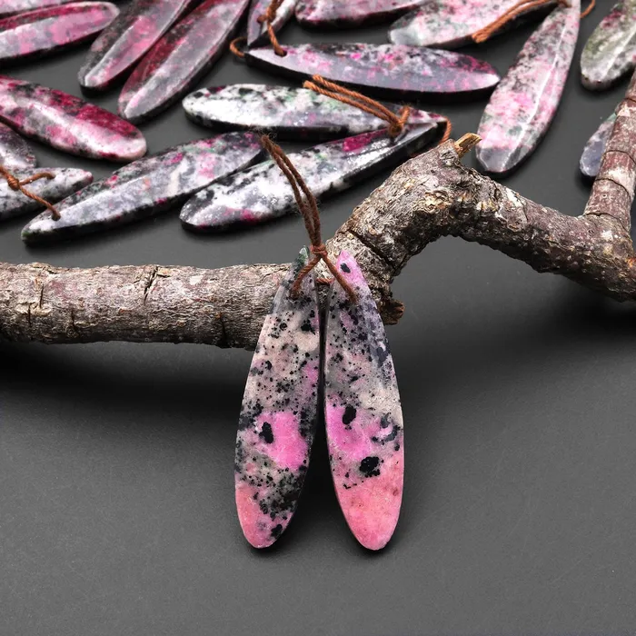Rare Natural Pink Cobalto Calcite Green Malachite Black Heterogenite Teardrop Drilled Matched Gemstone Earring Bead Pair Intrinsic Trading Earrings