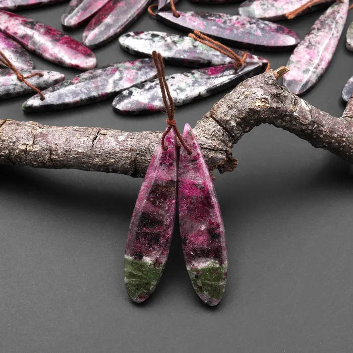 Rare Natural Pink Cobalto Calcite Green Malachite Black Heterogenite Teardrop Drilled Matched Gemstone Earring Bead Pair Intrinsic Trading Earrings