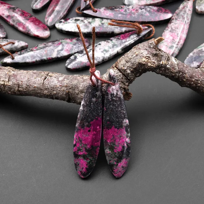 Rare Natural Pink Cobalto Calcite Green Malachite Black Heterogenite Teardrop Drilled Matched Gemstone Earring Bead Pair Intrinsic Trading Earrings