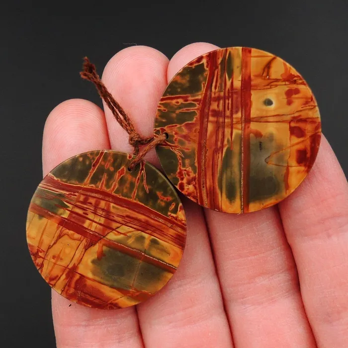 Red Creek Jasper Earring Pair Flat Circle Cabochon Cab Pair Drilled Matched Earrings Natural Stone Bead Pair E2798 Intrinsic Trading Earrings