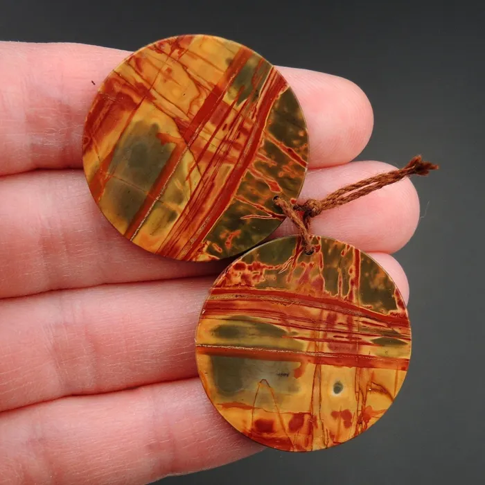 Red Creek Jasper Earring Pair Flat Circle Cabochon Cab Pair Drilled Matched Earrings Natural Stone Bead Pair E2798 Intrinsic Trading Earrings