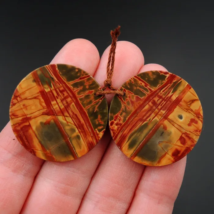 Red Creek Jasper Earring Pair Flat Circle Cabochon Cab Pair Drilled Matched Earrings Natural Stone Bead Pair E2798 Intrinsic Trading Earrings