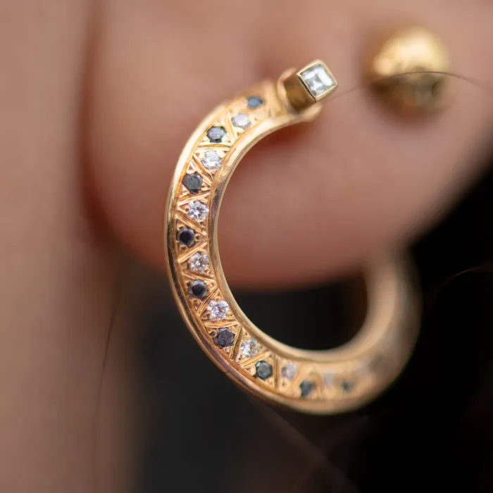 Spiral Hoop Earrings with Black and White Diamonds ARTEMER Earrings